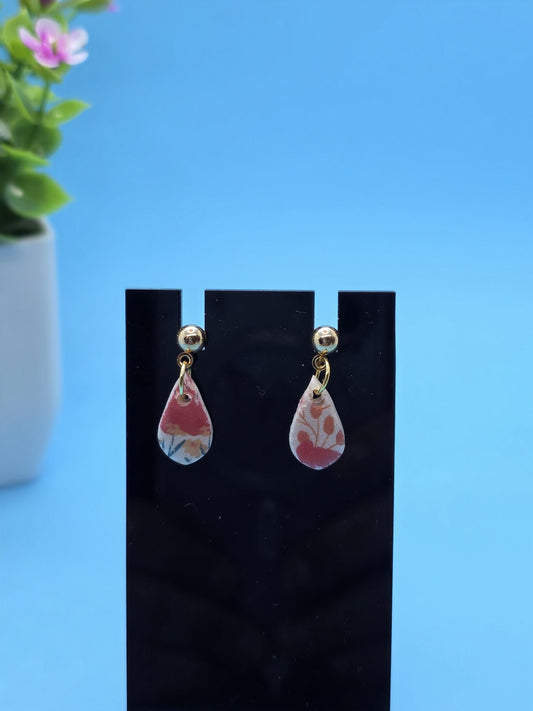 Floral Teardrop Clay Earrings – Water Transfer Design with Resin Finish • Lightweight Polymer Dangle • Handmade• Matching Pendant Available!