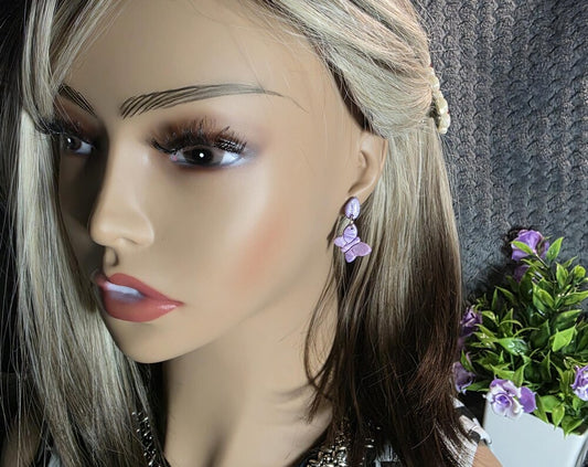 Lavender Butterfly Dangle Earrings | Polymer Clay