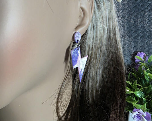 Resin Spark Dangle Earrings – Purple Pink & Pearl Lightning Bolts